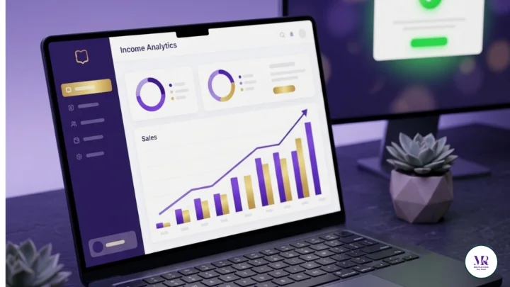 Digital income dashboard showing selling digital products success story — master resell rights earnings growth chart on laptop, digital wealth academy results 2026