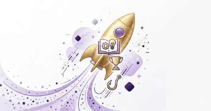 purple rocket illustration launching with a glowing golden trail, symbolizing a free AI product description generator tool that creates SEO product titles and viral hooks.