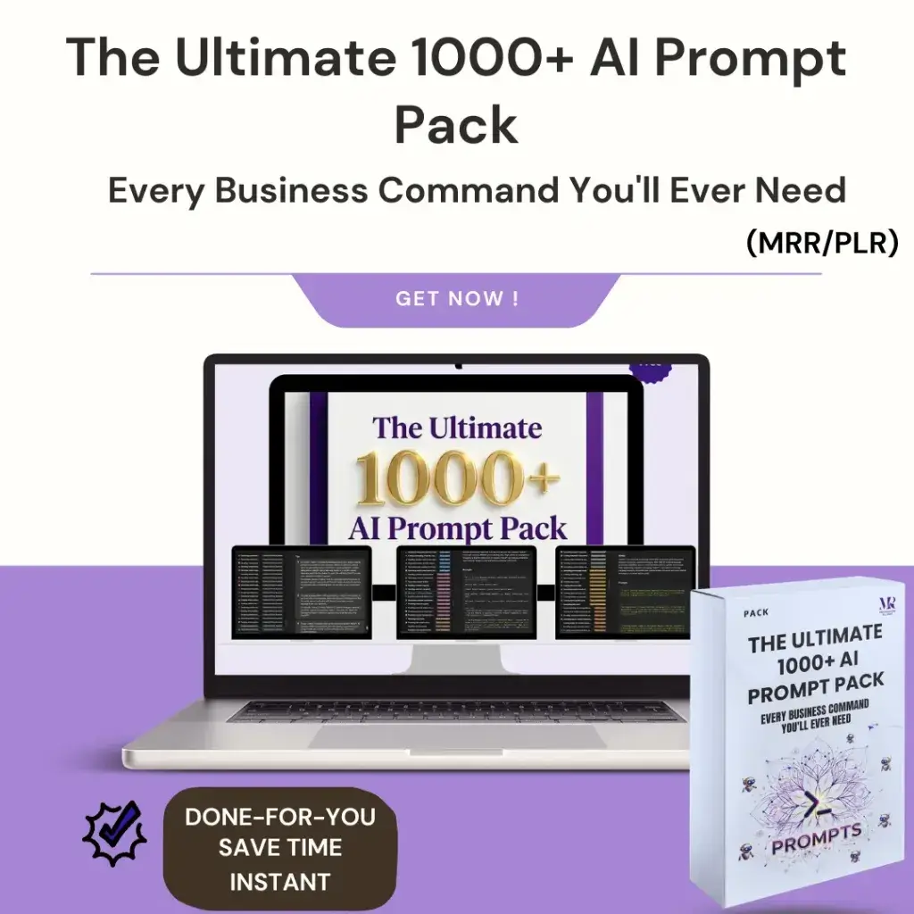 Product cover of the 1000+ AI Prompt Pack PDF with full Private Label Rights and Master Resell Rights.