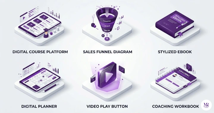 Infographic of premium PLR products including Done-for-you Online Courses, PLR Sales Funnels, and Coaching Tools and Workbooks.