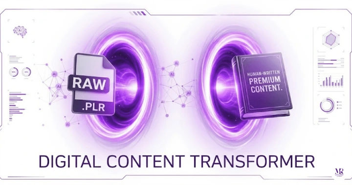 The PLR MRR Store workflow: Using AI-Engineered Prompts to transform High-Quality PLR Content into original Human-written Content.