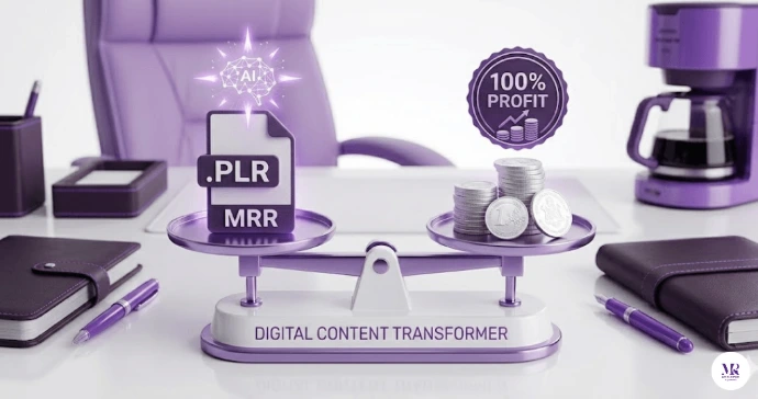 Financial formula showing how Master Resell Rights (MRR) and AI generate Passive Income Digital Products with 100% Profit Margin.