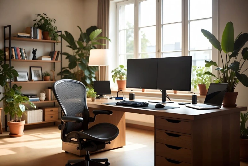 Modern minimalist home office with dual monitors, ergonomic chair, wooden desk, and abundant indoor plants in soft natural light