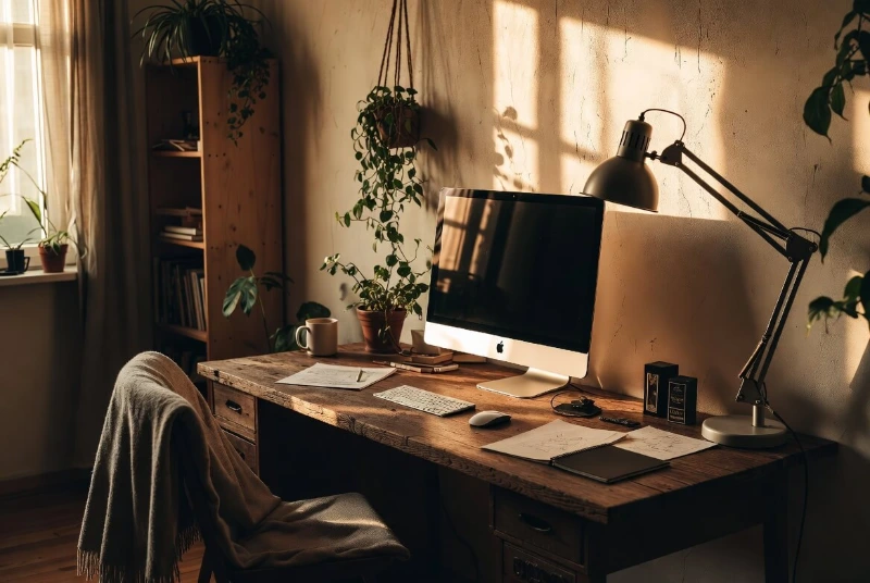 Warm rustic wooden desk with iMac, vintage desk lamp, plants, and golden hour sunlight creating a cozy creative atmosphere