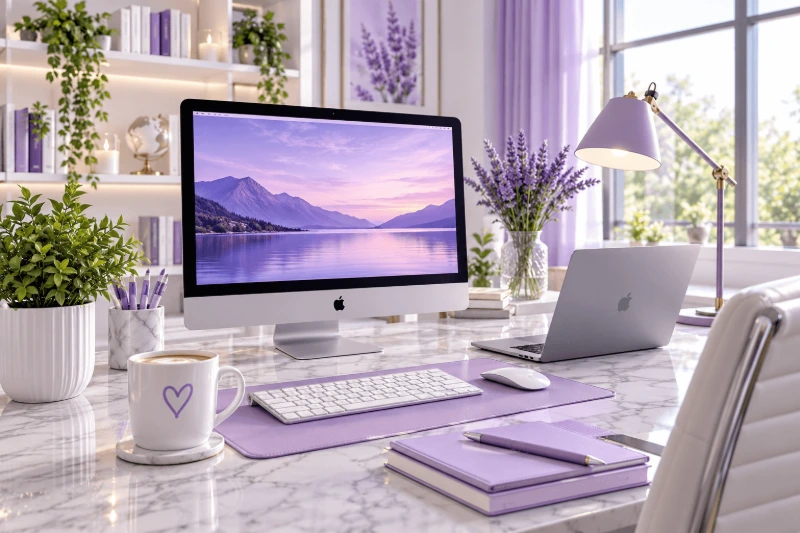 A desk with PC in pink environment