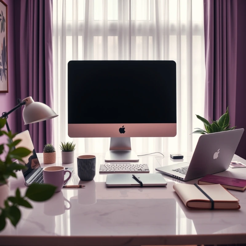 Modern home office with desktop computer, laptop, notebooks, and plants on a clean workspace, ideal for digital business, blogging, and remote work.