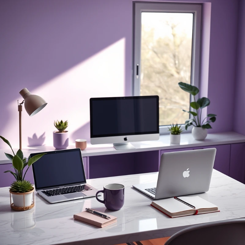 Modern minimalist home office with desktop computer, laptops, notebook, coffee mug, and indoor plants in a bright workspace for remote work and digital business.
