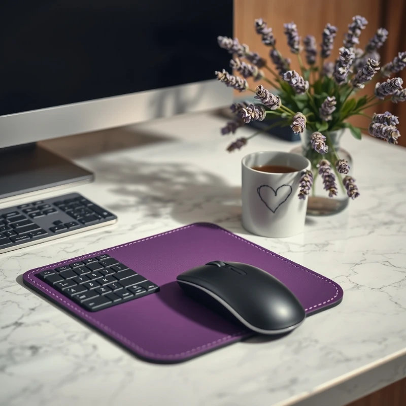 Close-up of a modern office desk featuring a computer, wireless mouse, keyboard, coffee mug, and lavender flowers on a clean marble workspace.