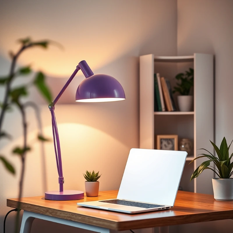 Modern minimalist workspace with a laptop, purple desk lamp, wooden desk, and indoor plants, creating a clean home office for remote work.