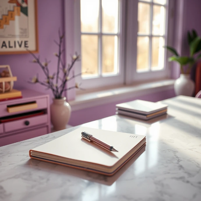 Bright minimalist workspace with an open notebook, pen, marble desk, and large windows, creating a calm environment for writing and productivity.