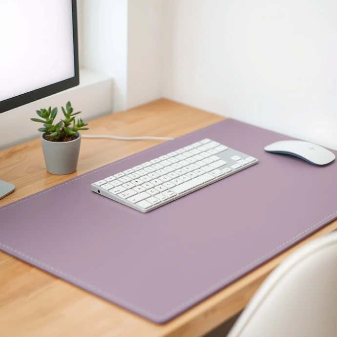 Minimalist workspace with a wireless keyboard, mouse, desk mat, and small plant on a clean wooden desk for productivity and remote work.