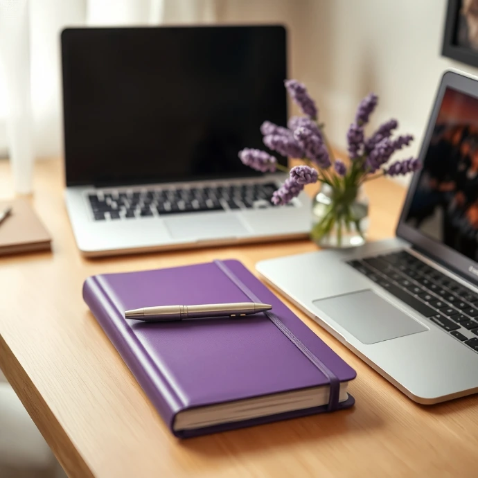 Modern workspace with two laptops, a purple notebook, pen, and lavender flowers on a wooden desk for productivity and remote work.