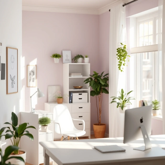 Bright minimalist home office with a desktop computer, white desk, indoor plants, and natural sunlight creating a productive remote workspace.