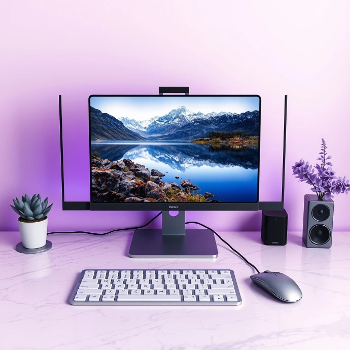 Modern desktop computer setup with monitor, keyboard, mouse, speakers, and plants on a minimalist purple workspace for productivity.