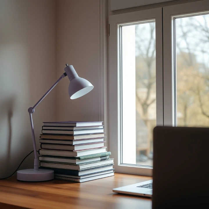 Desk lamp resting on a stack of books next to a laptop on a wooden desk by a bright window with natural light