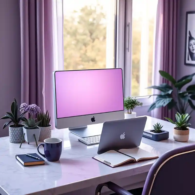 Modern white marble desk with iMac, MacBook, open notebook, plants, and purple accents by a bright window