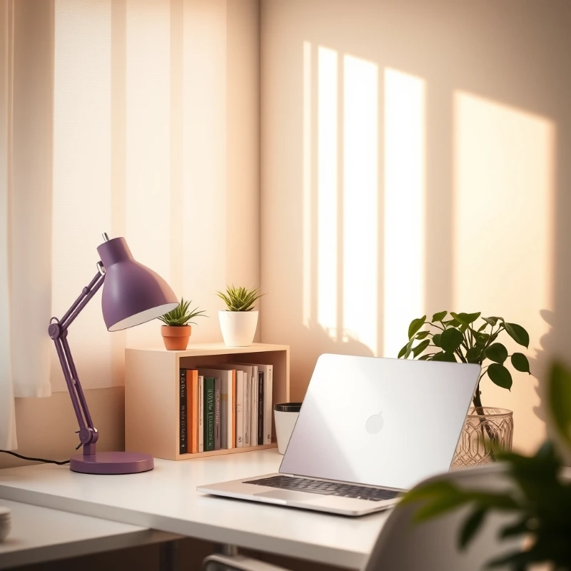 Bright and airy home office featuring a purple desk lamp, silver MacBook, wooden bookshelf with books and plants, and soft sunlight casting shadows on the wall