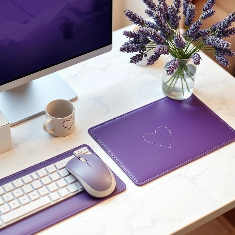 Elegant feminine workspace featuring a white keyboard, purple mouse and mouse pad with heart design, coffee mug, and fresh lavender bouquet next to a computer monitor on a marble desk