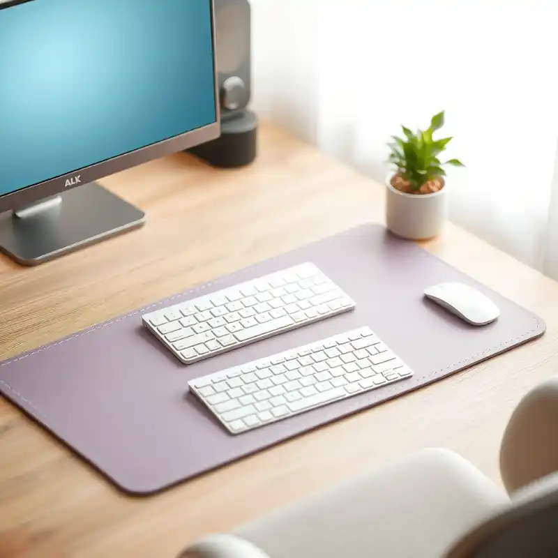 Minimalist workspace featuring a wooden desk with two white keyboards on a purple leather desk mat, wireless mouse, computer monitor, speaker, and a small potted plant near a bright window