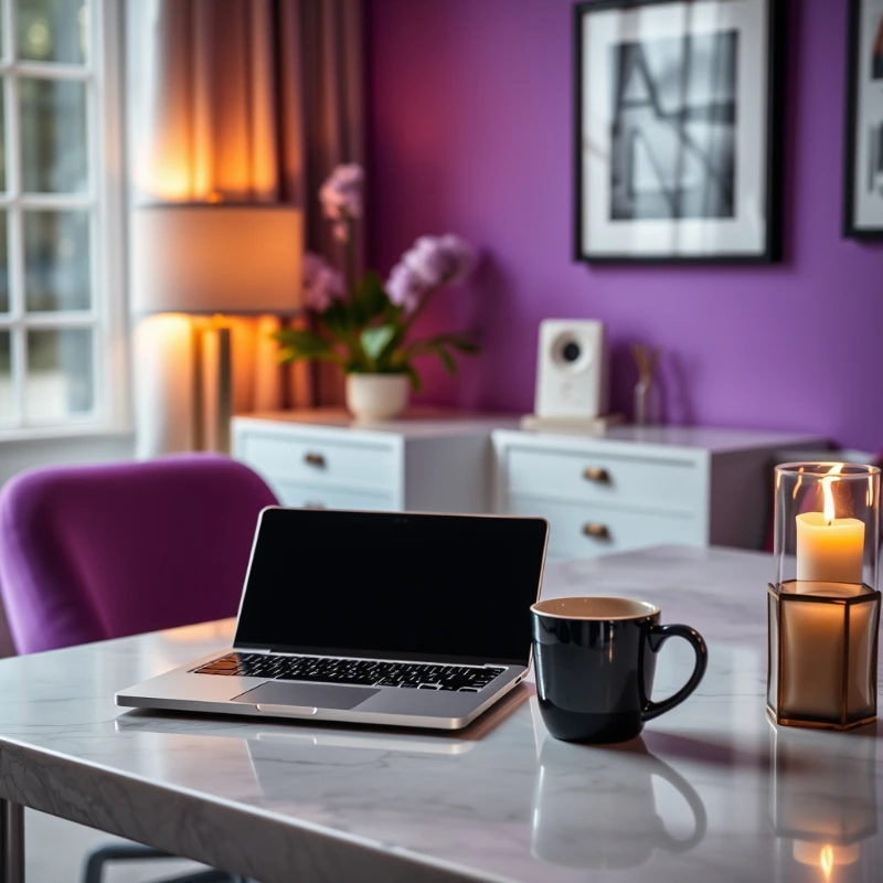 Cozy workspace with open laptop, black mug, and lit candle on marble desk against a purple wall