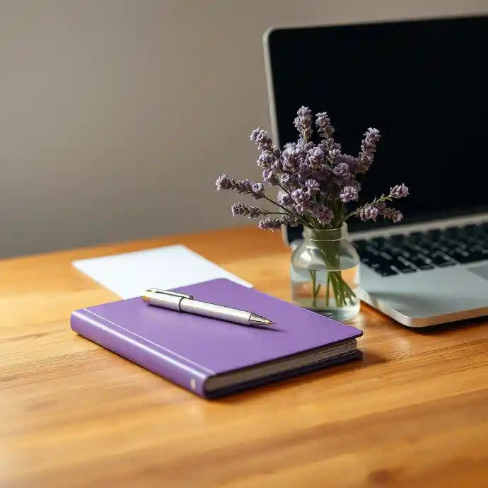 Purple notebook with pen, lavender flowers in glass vase, and laptop on wooden desk