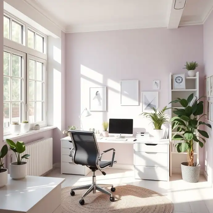 Bright home office with white desk, black chair, dual screens, plants, and soft lavender walls in natural sunlight