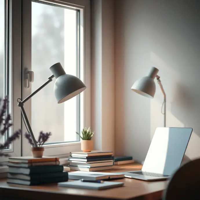 Wooden desk with laptop, stacked books, open notebook, and dual desk lamps by a bright window