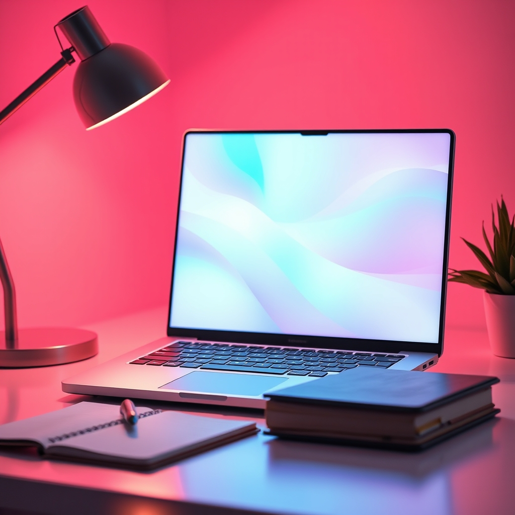 Minimalist desk with a laptop, notebook and lamp where a seller reviews Etsy's rules for digital products