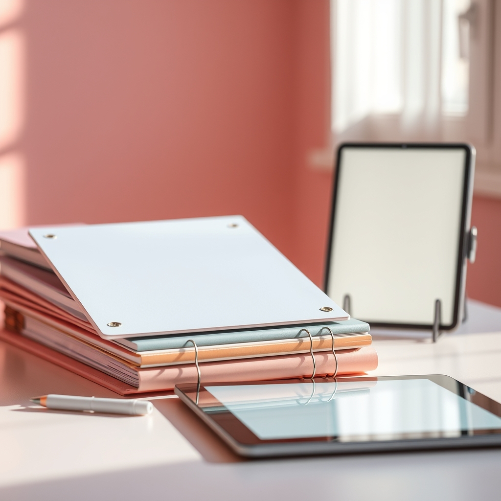 Stack of blank pastel binders and notebooks representing planner and template products