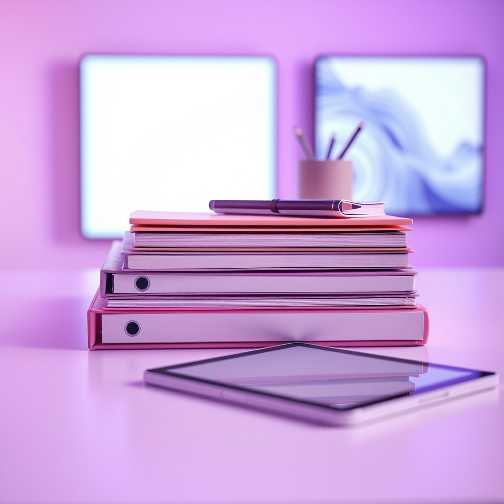 Stack of blank pastel binders and notebooks on a desk for organizing PLR products to buy
