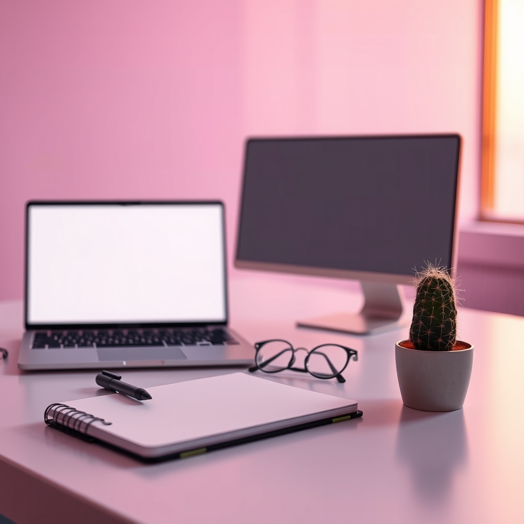 Calm workspace at golden hour with a laptop, notebook, glasses and a small cactus