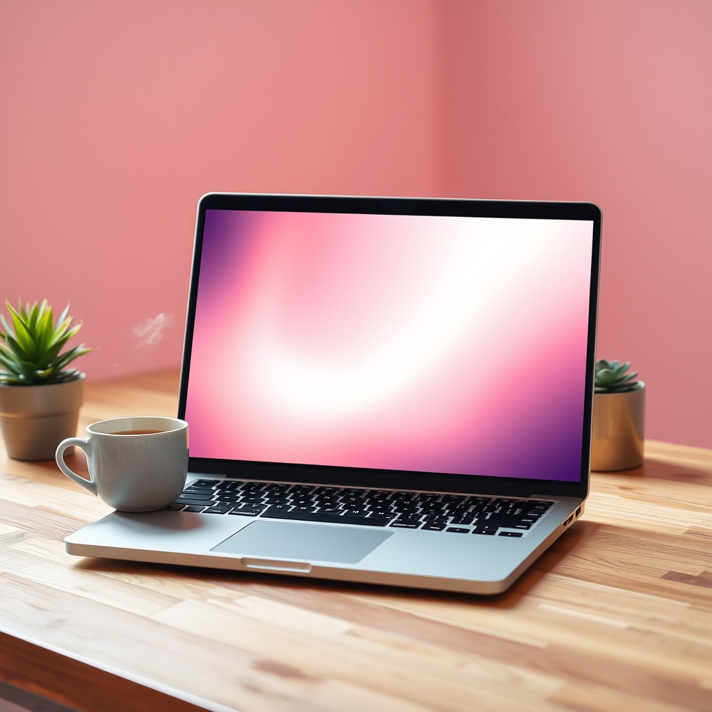 Laptop on a wooden desk with a coffee cup and a small plant, a workspace for choosing where to sell PLR products