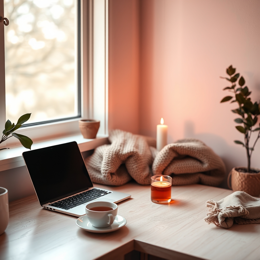 Cozy home office corner with a laptop, a candle and a cup of tea by a window