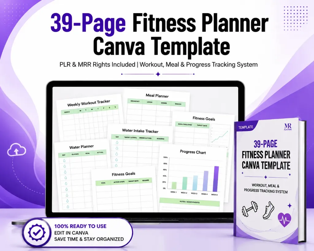 39-Page Fitness Planner Canva Template — PLR & MRR Rights Included | Workout, Meal & Progress Tracking System