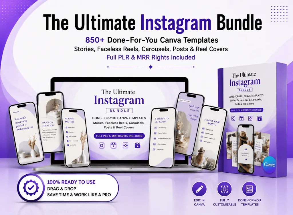 The Ultimate Instagram Bundle — 850+ Done-For-You Canva Templates | Stories, Faceless Reels, Carousels, Posts & Reel Covers | Full PLR & MRR Rights Included