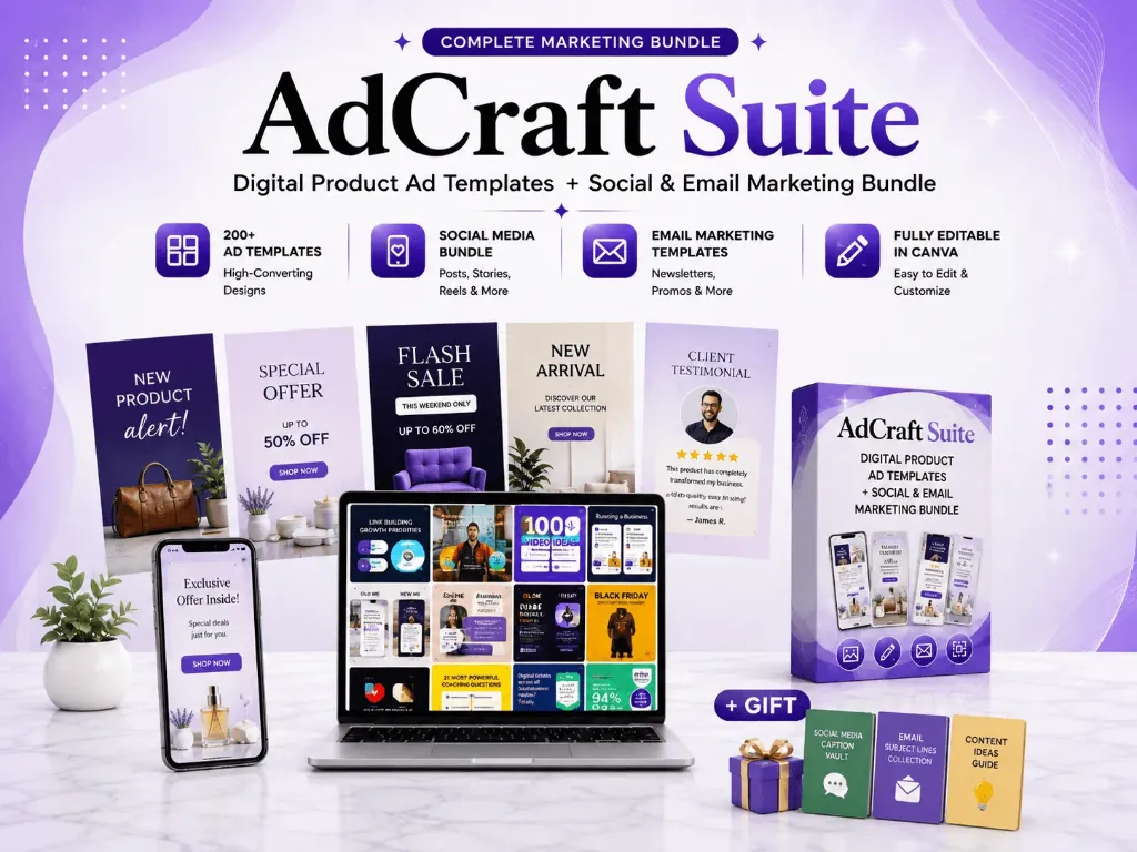AdCraft Suite – 200+ Digital Product Ad Canva Templates + Social & Email Marketing Bundle