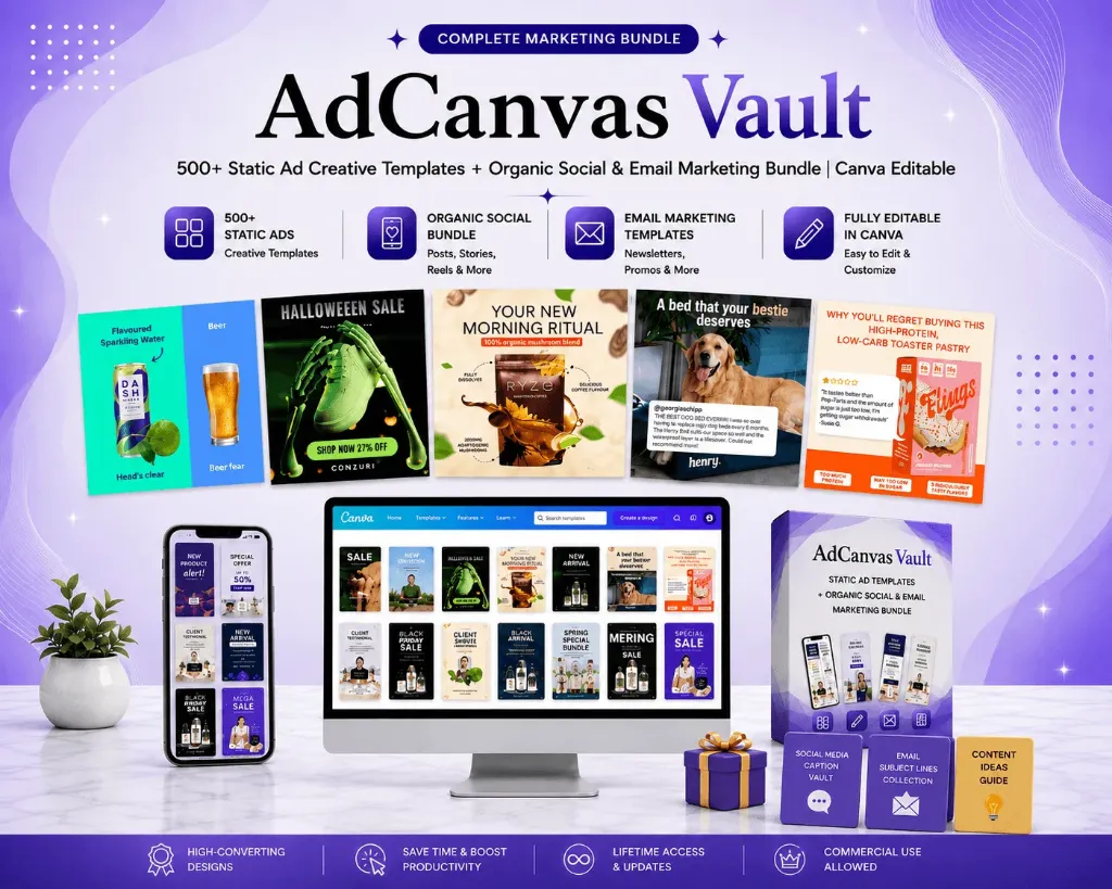 AdCanvas Vault — 500+ Static Ad Creative Templates + Organic Social & Email Marketing Bundle | Canva Editable