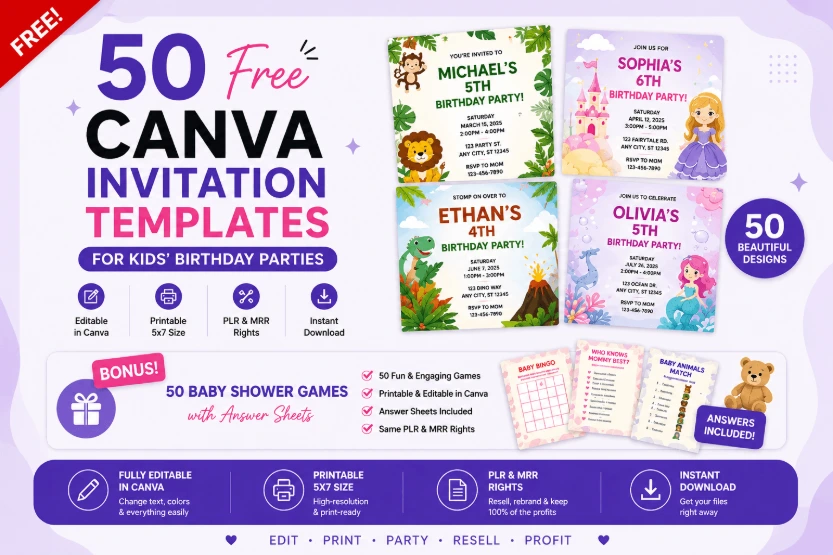 50 Free Canva Invitation Templates for Kids' Birthday Parties — Editable, Printable & PLR/MRR + Bonus